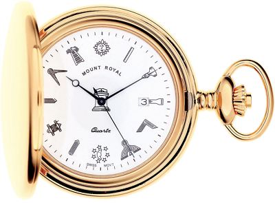 Taschenuhr vergoldet Freimaurer Volljäger mit Datum Quarzwerk Kette