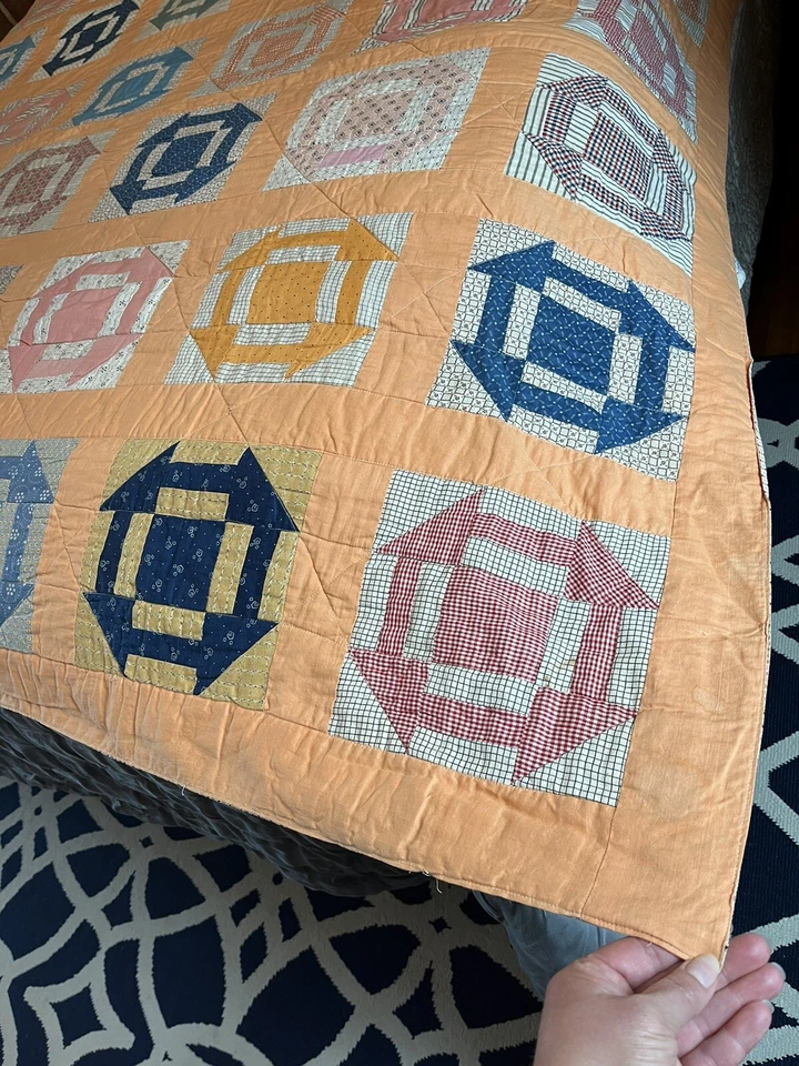 Vintage Handmade Quilt Monkey Wrench Blue & Orange - Image 3 of 4