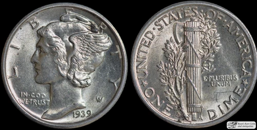 1939 D Mercury Dime, Almost Uncirculated+, Full Split Bands, FSB, Silver, C6596