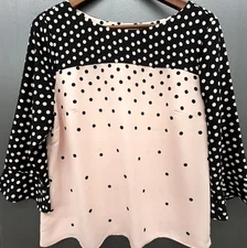 Talbots Top L Petal Pink Black Polka Dot 3/4 Flutter Sleeve Preppy Blouse Shirt