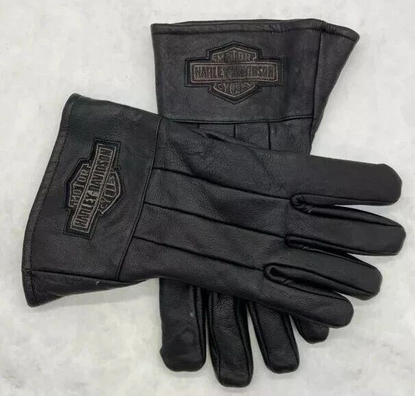 VTG Harley Davidson Mens Riding Gloves LG Black Leather Gauntlet bar shield NICE