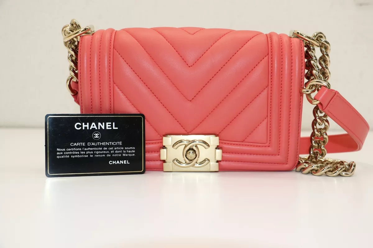 CHANEL Boy Chevron Quilted Leather Small Flap Shoulder Bag Coral pink