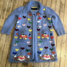 Hand Knit Kids Cardigan Sweater Clown Horse Folk Art Vintage