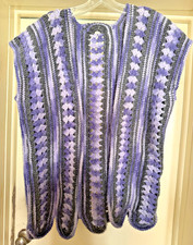 Boho Vintage Hand Crochet Hippie Open Vest Sweater Scalloped L Purple Gray