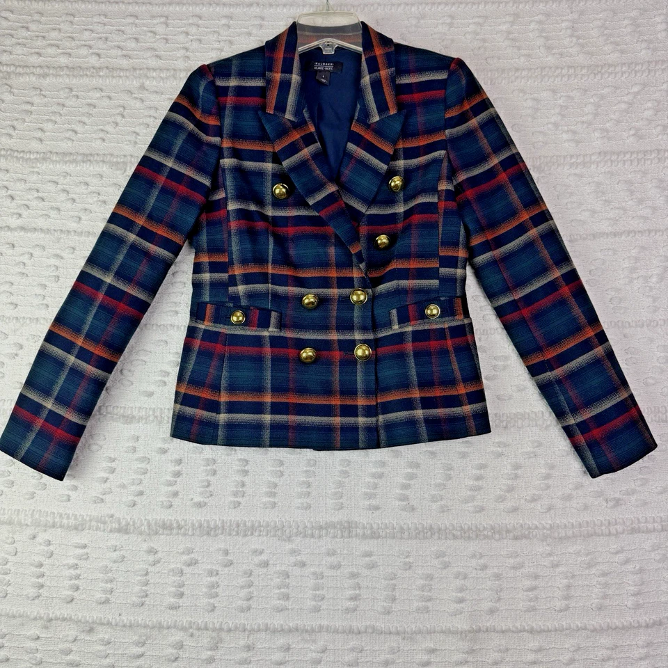 Blazer halógeno Atlantic Pacific para mujer talla 4 azul a cuadros forrado con doble botonadura Foto 2 de 4