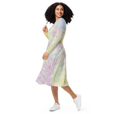 Women's Colorful Abstract Midi Dress Long Sleeve Jersey Pockets Boat Neck