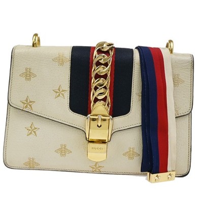 GUCCI Logo Bee Star Print Sylvie Shoulder Bag Leather Web Ribbon Ivory 71YJ087