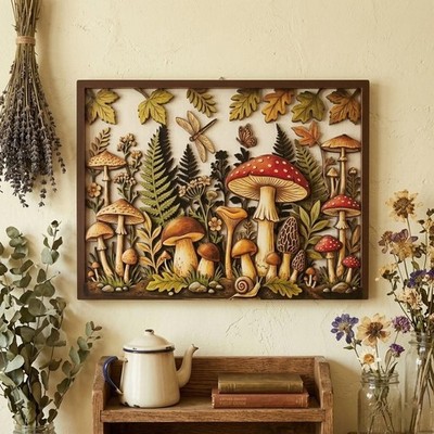 Retro Boho Mushroom Wooden Wall Art, Vintage Fungi Decor, Mid Century Botanical
