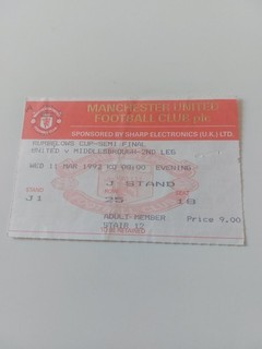 MANCHESTER UNITED/MAN UTD v MIDDLESBROUGH RUMBELOWS CUP SEMI FINAL TICKET 1992