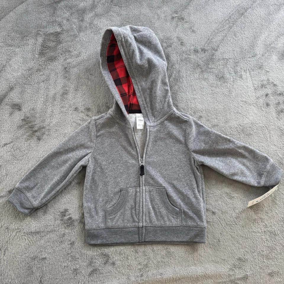 Chaqueta Carter's Baby Cremallera Completa Talla 18 meses Gris con Capucha a Cuadros Rojo Unisex Nuevo con Etiquetas Foto 2 de 4