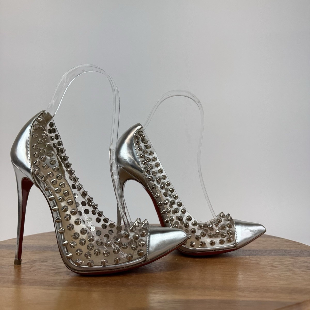 Womens Christian Louboutin Spike Me PVC Silver Stiletto Heels