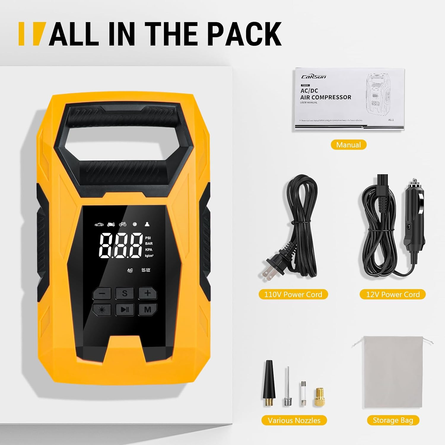AC/DC Tire Inflator Portable Air Compressor, Dual Power for Home 110V AC and Car