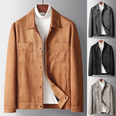 Men Autumn Faux Suede Leather Jacket Top Solid Pro-stitch Pocket Cargo Coat Tops