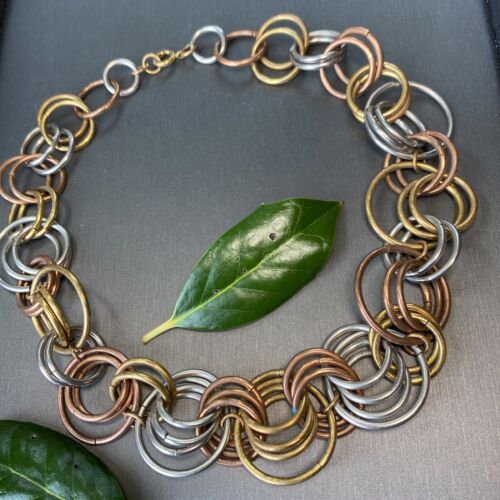 Vintage Modernist Necklace Chain 3-Color Brutalis… - image 1