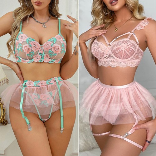 Pink Women Sexy Lace Bra Thong Garters Set Lingerie Babydoll Sleepwear Nightwear