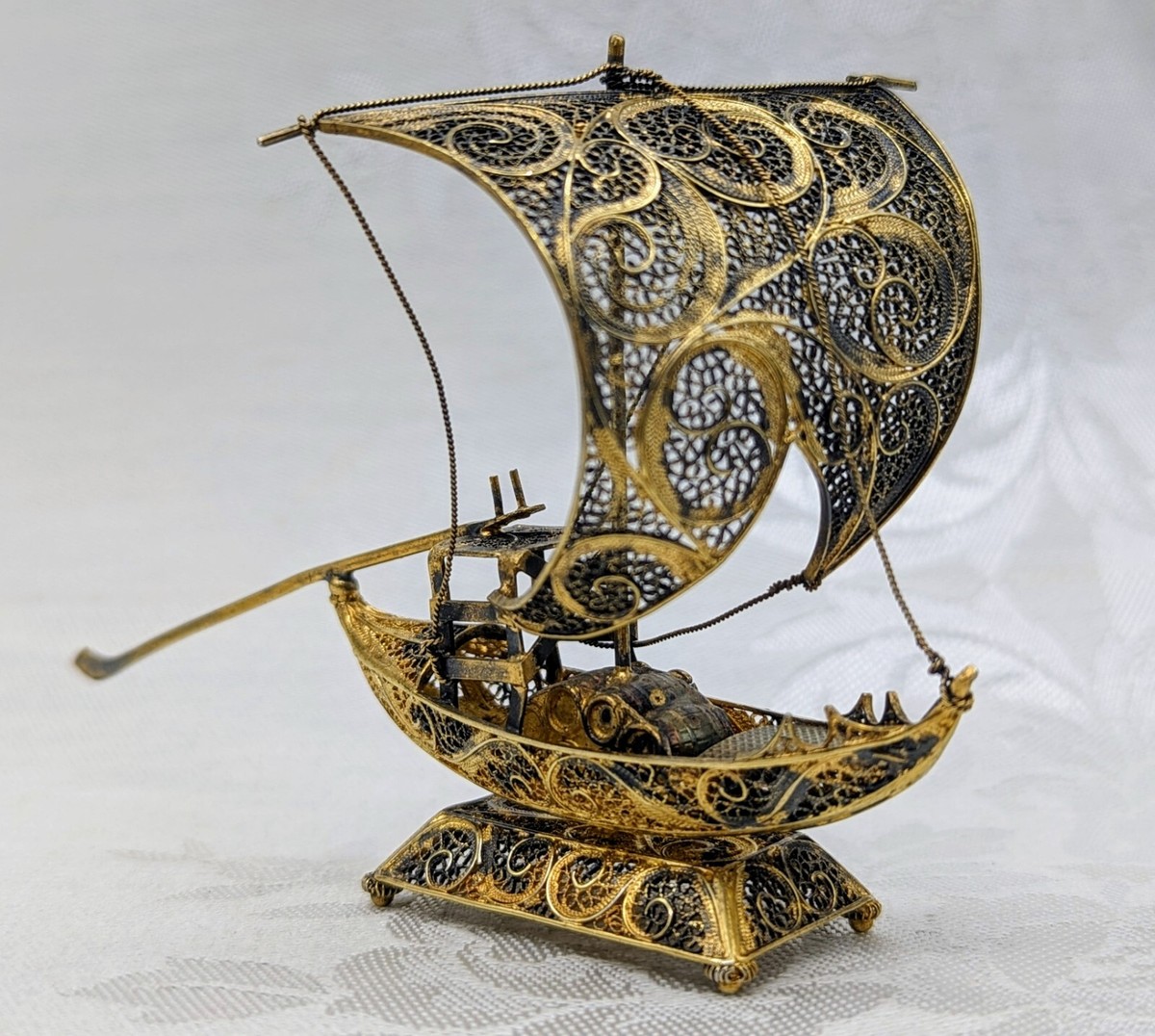Vtg. Silver Gilt Filigree Ornate Portuguese Cargo Ship Mini