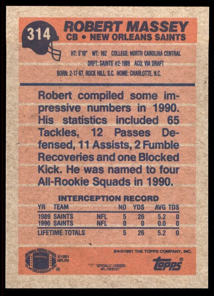 1991 Topps Robert Massey New Orleans Saints #314 - Image 2 of 2