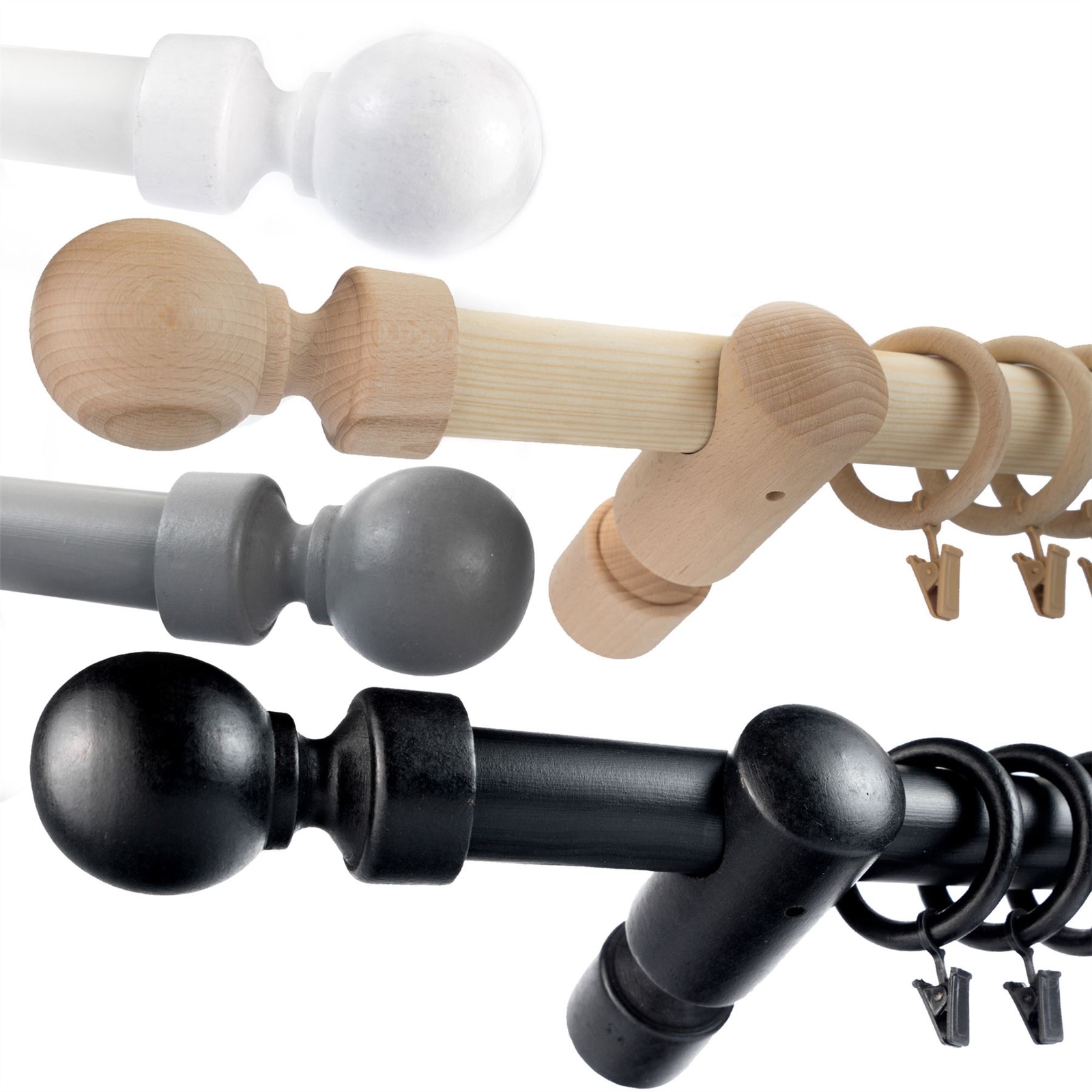 Wooden Single Curtain Pole SET 35 mm Natural wood Pole Rings Clips