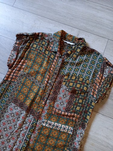 Apricot Brown & Green Patchwork Prints Shirt Dress Boho Retro Smart Casual UK8 - Picture 7 of 18