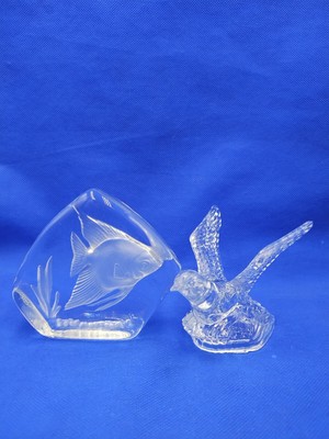 Lot Of 2 Cristal D'Arques Crystal  Bird Figurine With Box And Fish Paperweight 