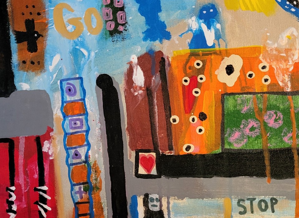 Original Abstract Painting, 9x12in Canvas Board, Graffiti, Acrylic