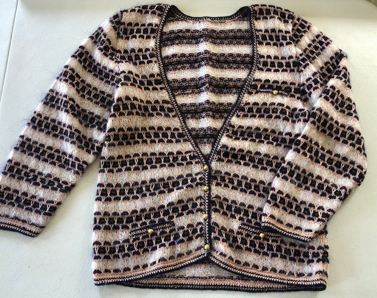 vtg Womens Fuzzy Mohair Cardigan Sweater Sz L Gold Buttons 80s 90s