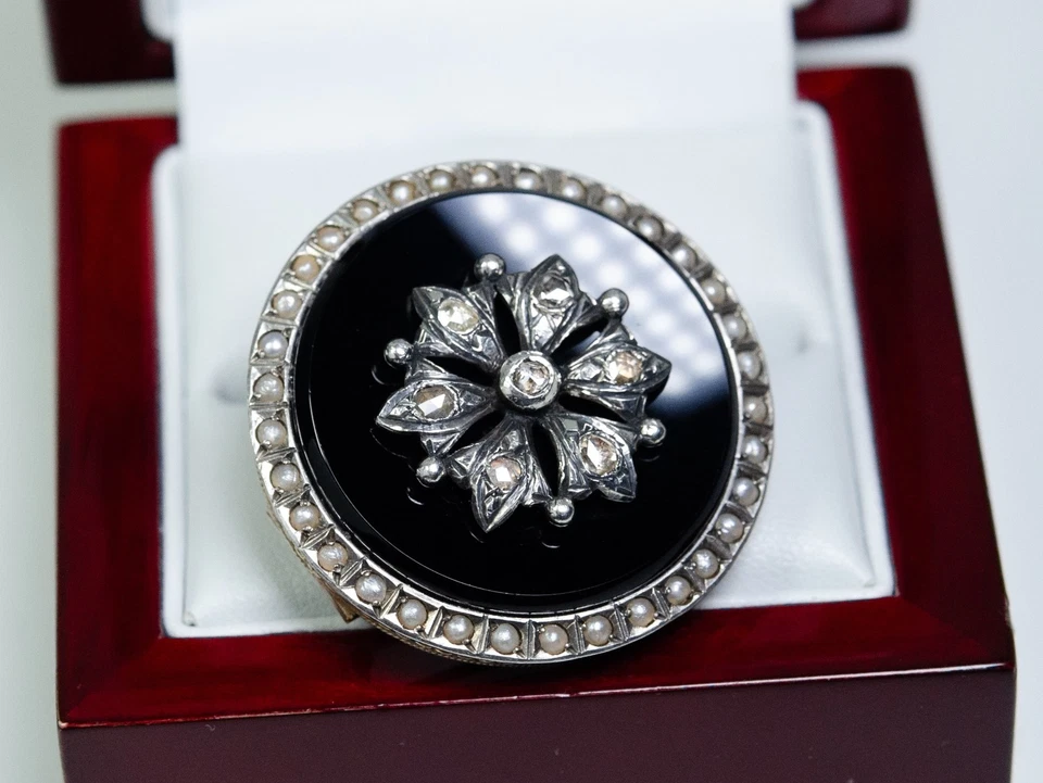 Argento - Antico Vittoriano Spilla - Diamante / Onice / Perline - Austria - Immagine 2 di 4