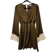 HYFVE Olive Green Mini Dress with Cream Crochet Lace Trim Sleeves Size Medium