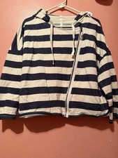 Ann Taylor Loft Womens Sweater S Small Dark Blue White Striped Hooded Cotton