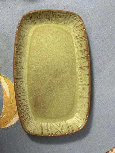Vintage Frankoma Pottery Mayan Aztec Serving Tray 7PS Prairie Green 9 3/4" x 6"