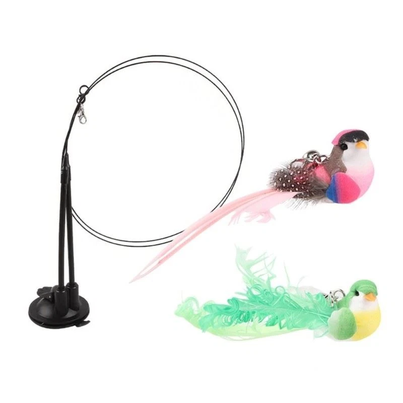 Interactive Birds Cats Teaser Toy With Elastic Spring Rod And Secure Suction Cup