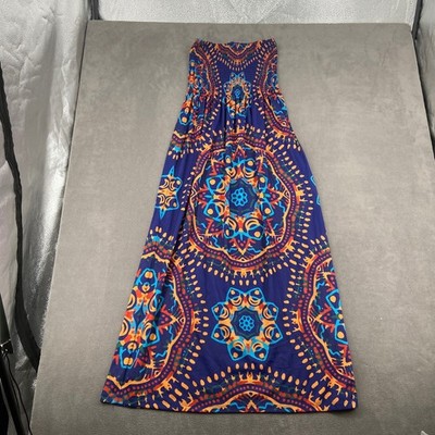 Venus Womens Strapless Smocked Maxi Dress Purple Boho Mandala Print Size Small