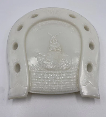 Vintage P.L. Co White Milk Glass Easter Greetings Horshoe 5.5 x 6 inch Plate