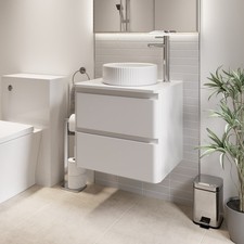 600mm Bathroom Countertop Vanity Unit Fluted Round Basin Wall Hung White Gloss