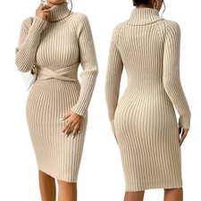 Women's Knit Turtleneck Sweater Dress Long Sleeve Twist Front Knit Bodycon Dress