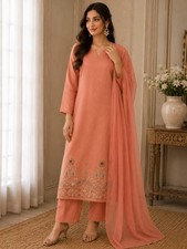 Orange Hand Embroidered Crepe Suit with Organza Dupatta Handmade Ethnic Wear