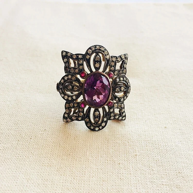 Pave Diamond Oval Amethyst Ring 925 Sterling Silver Victorian Ring Birthday Gift - Image 4 of 4