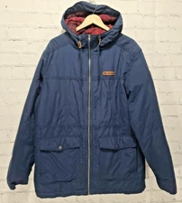 Columbia Parka Jacket Men's XL Hooded Blue Plaid Lined Hood Leather Accents, c7