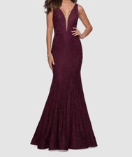 558 La Femme Women's Plunge Neck Sparkle Lace Mermaid Gown Dress Size 4
