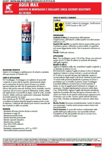 AQUA MAX CARTUCCIA 425G BIANCO Adesivo di montaggio e sigillante piscina GRIFFON - Foto 3 di 7