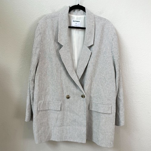 Old Navy Womens Plus XXL Double Breasted Striped Blazer Linen Blend Jacket