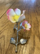 Vintage Capodimonte ARG-1000 Yellow & Pink Rose Brass Stem Italian Porcelain NOS