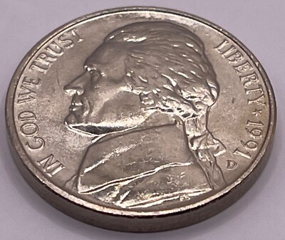 1991 D Jefferson Nickel 5C - BU - Original Design Modern  (SKU 123)