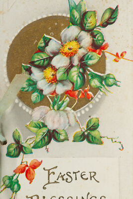 Easter Blessings Mini Folding Easter Card Early 1900s Bow Flowers