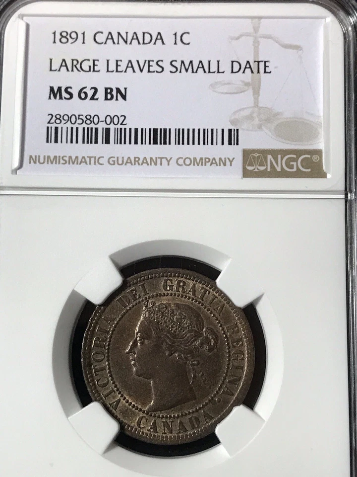 1891 CANADIAN LARGE CENT, LARGE LEAVES, SMALL DATE NGC MS 62 BN SCARCE THIS NICE - Image 2 of 4