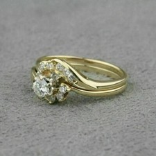 14K Yellow Gold Plated Lab-Created 2Ct Round Diamond Engagement Bridal Ring Set.