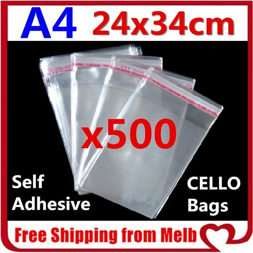 500x A4 Cello Bag 24x34cm Cellophane Clear Resealable Plastic Self Seal Adhesive