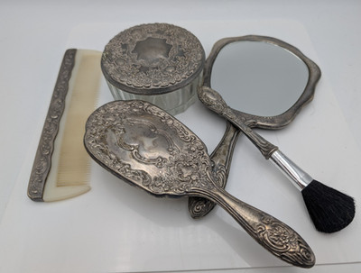 Antique Silver Tone 5pc Vanity Set Mirror Brush Comb Powder Jar Repousse Floral