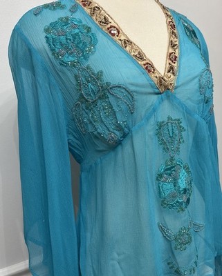 Newport News Turquoise 100% Silk Boho Beaded And Embroidered Top Tunic Small