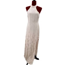 LULU'S SZ M Red Carpet Ready Peach Floral Satin Jacquard Dress B23 flaw